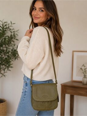 American Leather Co Crossbody Bag Olive Green Genuine Leather Adjustable Strap